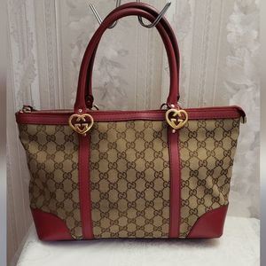 Vintage Gucci Satchel Red Leather Trim Monogram Pattern